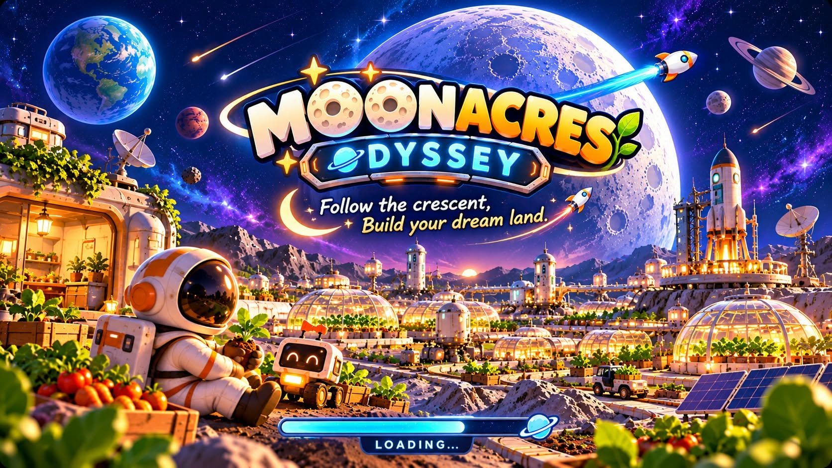 MoonAcres Odyssey key art: an astronaut farming in glowing domes on the Moon